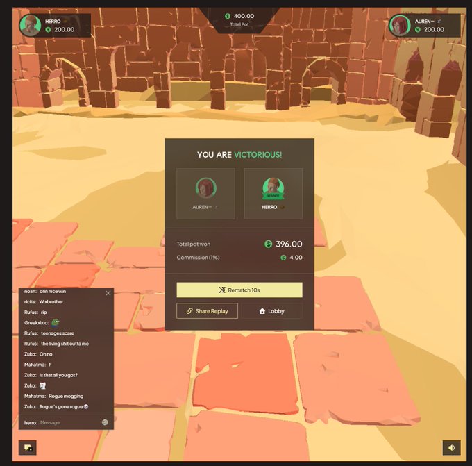 A "YOU ARE VICTORIOUS!" screen displays after a 1v1 duel arena match, showing "HERO" defeating "AUREN" with a total pot of $400 and winning $396.00 after a $4 commission, while a chat window on the left shows banter about "teenages scare," "the living shit outta me," and "Rogue's going rogue." This directly relates to the poster's nostalgic reflection on OSRS Duel Arena days, highlighting how their new strategy has led to a victory and netted them a profit on this crypto-based betting match.