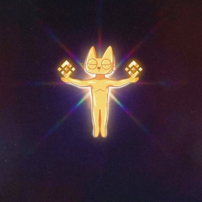 A glowing, golden cat-like figure with outstretched arms holds pixelated coin symbols in each hand, radiating rainbow light against a dark background. The luminous, bless-like pose of the mascot visually reinforces the post's bullish pitch for $CETS, presenting the original cat IP coin as a triumphant, wealth-blessing figure at the center of the BSC ecosystem.