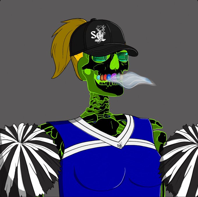 !!! Good morning! Happy Saturday & happy 1 year anniversary to the @SOLANADEADS !!! !!! The artist has created a graphic of a person wearing a blue cheerleader's uniform with white lines, holding a pom-pom. This figure is dressed in sports attire and also features a cartoon style hat on their head. The text at the bottom of the image reads "SOLANADEADS". This artwork seems to be related to the post about the @SOLANADEADS account or could potentially be an advertisement for the account, celebrating its 1-year anniversary with a touch of humor and fun through this creative graphic design.