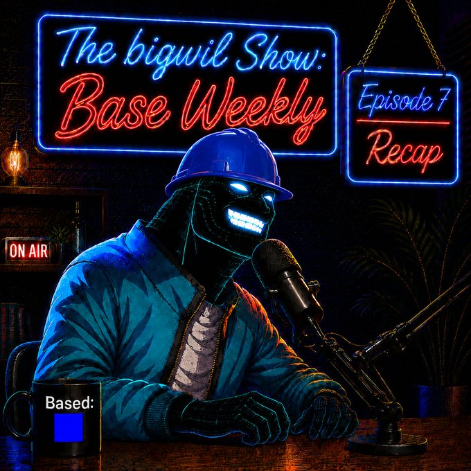 The image features a neon-lit podcast cover for "The bigwui Show: Base Weekly," with an animated figure in a blue hard hat and jacket sitting at a microphone labeled "Episode 7 Recap." A mug reading "Based:" sits on the desk alongside an "ON AIR" sign, visually capturing the live recording of the Base Weekly recap episode described in the post.