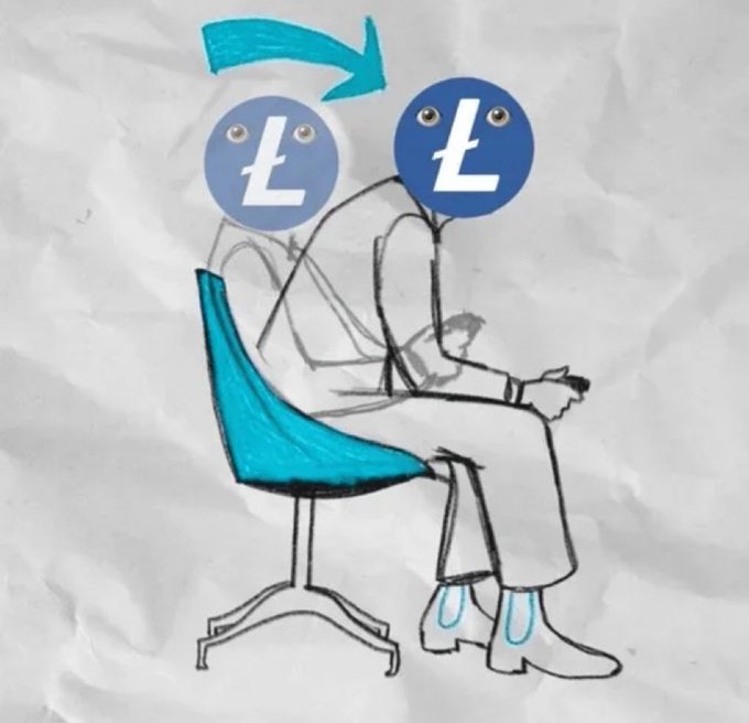 A whimsical hand-drawn illustration on crumpled paper shows a character with a Litecoin (Ł) logo head sitting on a chair, with an arrow pointing to a ghosted outline of the same figure—matching the post's reference to "Lester" the Litecoin mascot making a return. The blue Litecoin symbols replace the character's face, visually tying the sketch to the @litecoin account.