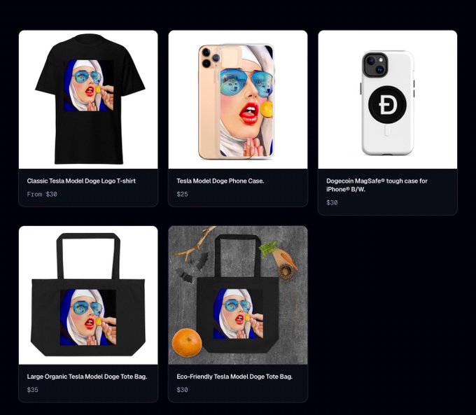 The image shows a product catalog featuring five merchandise items for a $DOGE crypto store, including a "Classic Tesla Model Doge Logo T-shirt" ($30+), "Tesla Model Doge Phone Case" ($25), "Dogecoin MagSafe tough case for iPhone B/W" ($30), "Large Organic Tesla Model Doge Tote Bag" ($35), and "Eco-Friendly Tesla Model Doge Tote Bag" ($30), all displaying artwork of a woman in a white hijab and sunglasses with a doge reflection in her sunglasses. The collection showcases the creator's branded merchandise designs as teased in the accompanying post about launching their crypto-only store.