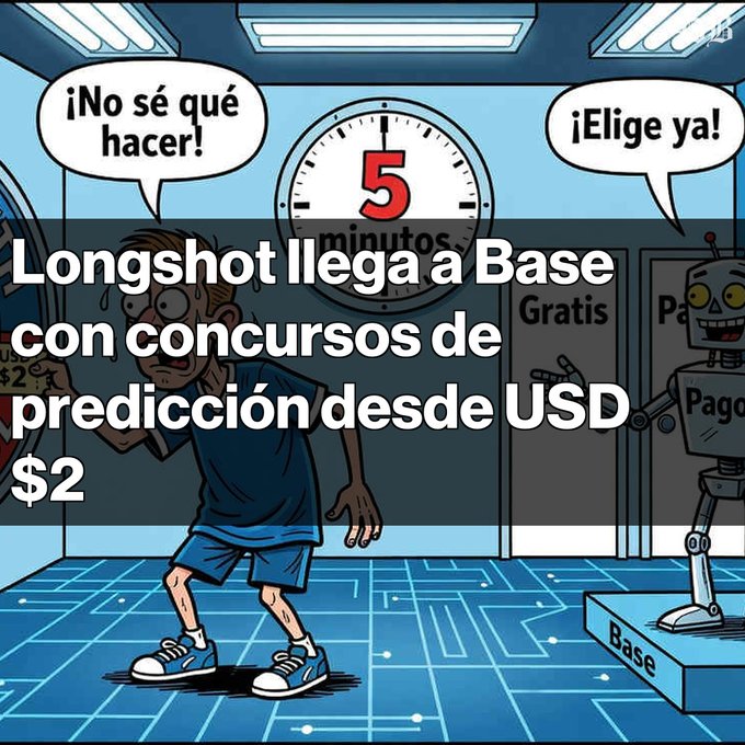 A cartoon image of a confused man and a robot with a '5 minutos' timer, overlaid with Spanish text: 'Longshot llega a Base con concursos de predicción desde USD $2'.
