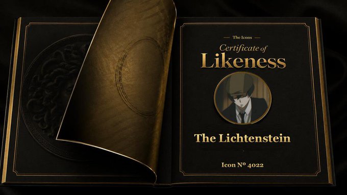 A 'Certificate of Likeness' for 'The Lichtenstein' (Icon No. 4022) from The Icons collection, featuring an anime character in a suit and fedora.