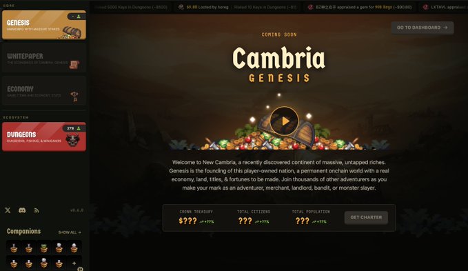 Screenshot of the "Cambria Genesis" landing page describing a player-owned nation on-chain world, with "COMING SOON" text and sections for Genesis, Dungeons, and Companions.
