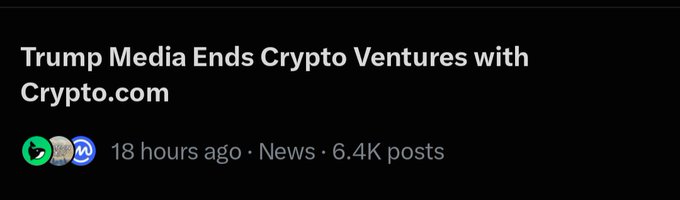 A social media post headline reads "Trump Media Ends Crypto Ventures with Crypto.com," posted 18 hours ago in the News category with 6.4K posts, likely from a crypto or stock discussion forum (indicated by small profile icons). The post relates to CRO (Crypto.com's native token), with the commenter viewing Trump Media's decision to end its crypto partnership as long-term bullish for CRO, especially if the 70 billion reinstated tokens are burned.