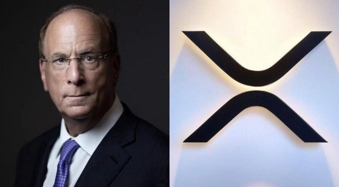A man in a suit and tie is pictured next to a large, stylized "X" logo, likely representing BlackRock's CEO Larry Fink alongside the Ripple (XRP) emblem in the context of speculation about a potential BlackRock spot XRP ETF.