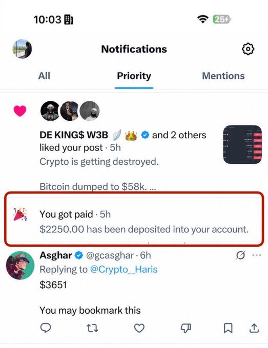 The image shows a social media post that features two people named Asghar. The post is about cryptocurrency, particularly Bitcoin, and its uses. There are also mentions of getting paid for Bitcoins, with the hashtag "#gotpaid". The post contains text about what happened at a crypto-related event, which includes how much money was deposited into an account and how many times the #gotpaid tag has been used. 
The post also discusses the importance of reminders to pay off cryptocurrency that may have been "deposited into your account" recently.