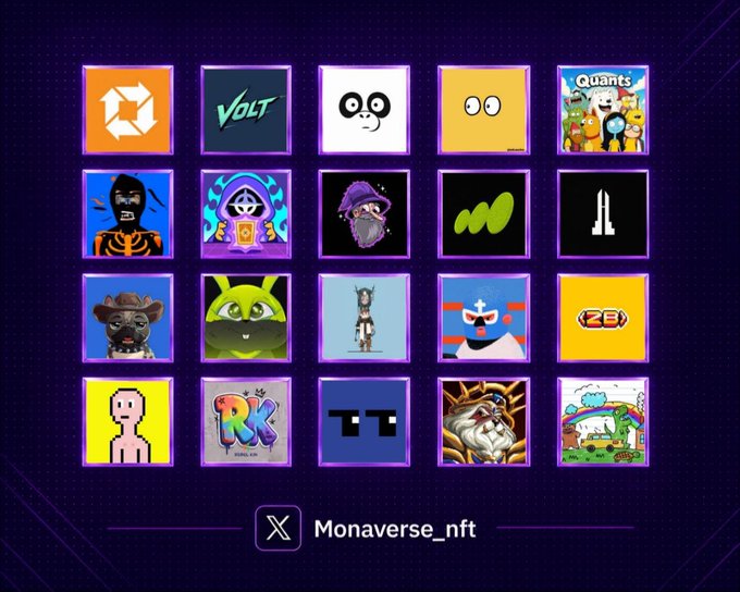 A grid of NFT icons displayed under the X (Twitter) handle 'Monaverse_nft', featuring various digital art pieces including a skeleton, wizard, green creature, and pixel characters.