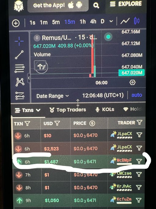 The image shows a Phantom Explore trading interface with a token labeled "Remus/U..." priced around $647, displaying a transaction history table where a $1,487 buy transaction at $0.036471 by trader "McBMpF" is circled in white. This relates to the post by showing the specific transaction that likely resulted in the friend's $2,500 loss while attempting to buy/sell tokens through Phantom Explore.