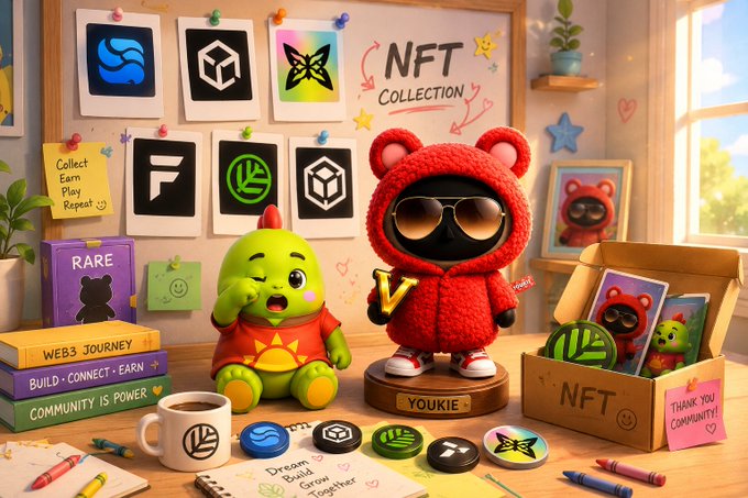 A red bear figurine in sunglasses stands next to a green dinosaur toy on a desk filled with NFT-themed items, including "NFT COLLECTION" signs, colorful badges, "RARE" boxes, "WEB3 JOURNEY" books, and a box labeled "NFT" containing collectible cards, capturing the playful, community-driven Web3 spirit of River Inc's Season 5 finale.