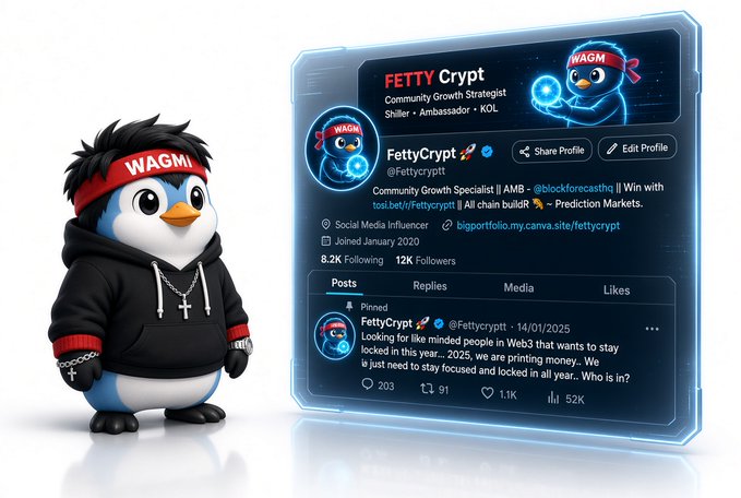 A 3D-rendered penguin mascot wearing a "WAGMI" headband and black hoodie stands beside an X/Twitter profile for "FETTY Crypt" (@fettycrypt), a "Community Growth Strategist" for $FETTY, displaying 8.2K Following and 12K Followers with a pinned post about Web3 printing money, celebrating the milestone referenced in the caption "12k strong, thanks X family."