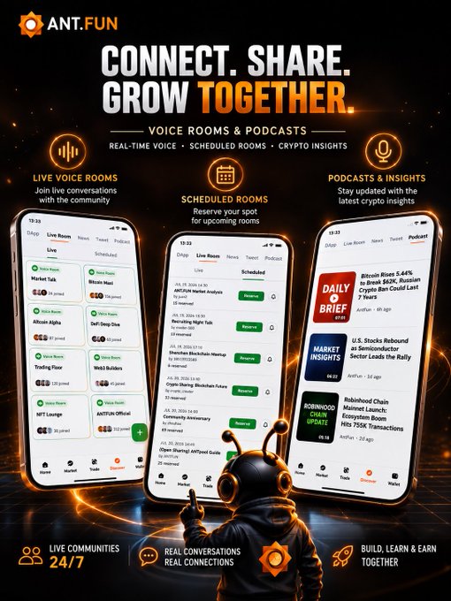 A promotional graphic for the ANT.FUN app showcases three smartphone screens highlighting its "Live Voice Rooms," "Scheduled Rooms," and "Podcasts & Insights" features, featuring topics like "AMTDJK Market Analysis," "Shenzhen Blockchain Meetup," and articles such as "Bitcoin Rises 5.46% to Break $62K" and "Robinhood Chain Launches Mainnet." A futuristic ant character with headphones stands in the center, reinforcing the app's community-driven approach to crypto discussion and education as emphasized in the accompanying post.