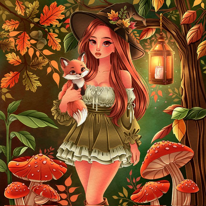 A digital illustration of a girl with a fox in a forest with mushrooms, wearing a witch hat and green dress.