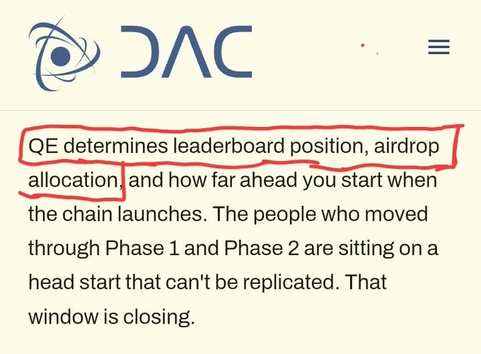 The image shows a section of text from the DAC (Decentralized Autonomous Chain) website, with a sentence circled in red that reads: "QE determines leaderboard position, airdrop allocation, and how far ahead you start when the chain launches." This relates to the post about the Inception Wrapped campaign, highlighting how Quality Engagement (QE) metrics from the Inception Testnet will influence users' positioning, airdrop rewards, and advantages when the DAC mainnet launches.
