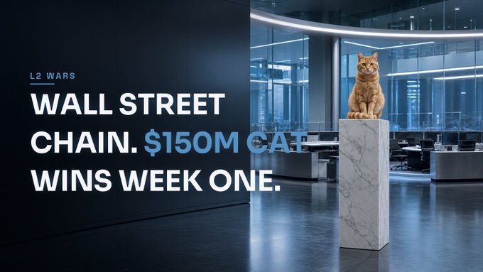 A promotional image for L2 Wars featuring an orange cat sitting on a marble pedestal in a modern office setting, with the text 'WALL STREET CHAIN. $150M CAT WINS WEEK ONE.'