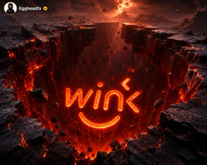A fiery chasm in a rocky landscape glows red with the text 'WINK' formed in lava-like letters; the top corner shows a username 'Eggheadfx' with a verification checkmark.