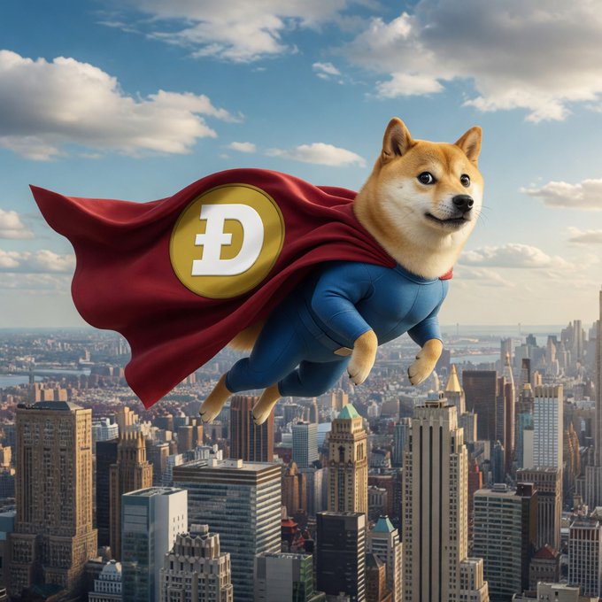 A Shiba Inu dog, dressed as Superman with a cape featuring the Dogecoin symbol, flies over a city skyline. This image visually represents the user's excitement about $DOGE reaching a new all-time high.