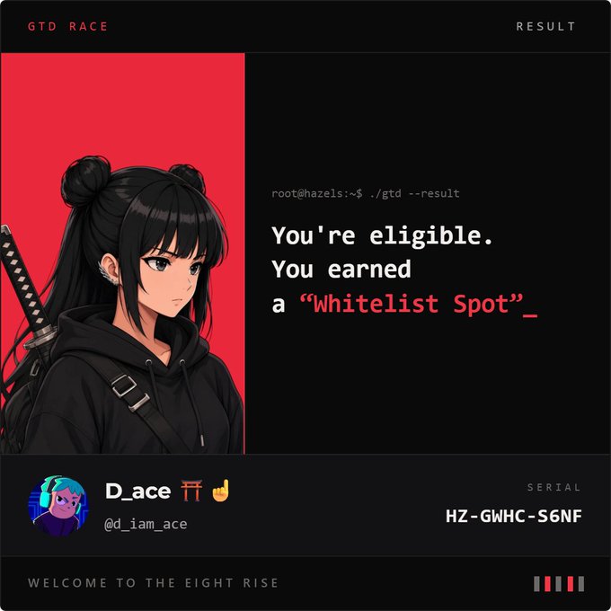 A 'GTD Race' result screen showing an anime-style character, with text stating 'You're eligible. You earned a Whitelist Spot', username 'D_ace', and tag '@d_iam_ace'.