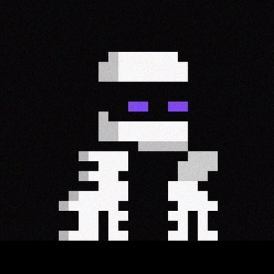 A pixel art style image depicting a gray skeletal or armored figure with purple glowing eyes against a dark background.