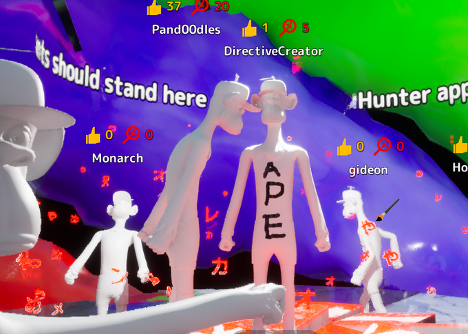 A screenshot from a video game showing white character models on a purple and green landscape, with usernames like 'Pand00dles', 'DirectiveCreator', and 'gideon' displayed, and one character labeled 'APE'.