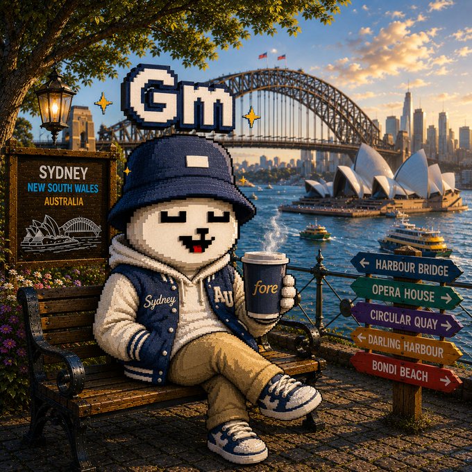 A digital illustration shows a pixel-art character wearing a bucket hat and letterman jacket sitting on a bench in Sydney, with the Sydney Opera House and Harbour Bridge in the background and a signpost listing local attractions.