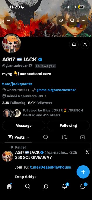 A mobile Twitter/X profile screenshot for 'AG17 🇯🇴 JACK' (@garnachozn17), who follows the viewer, with bio links to t.me/jackquants and gmme.ai, boasting 3.3K following and 8.9K followers.