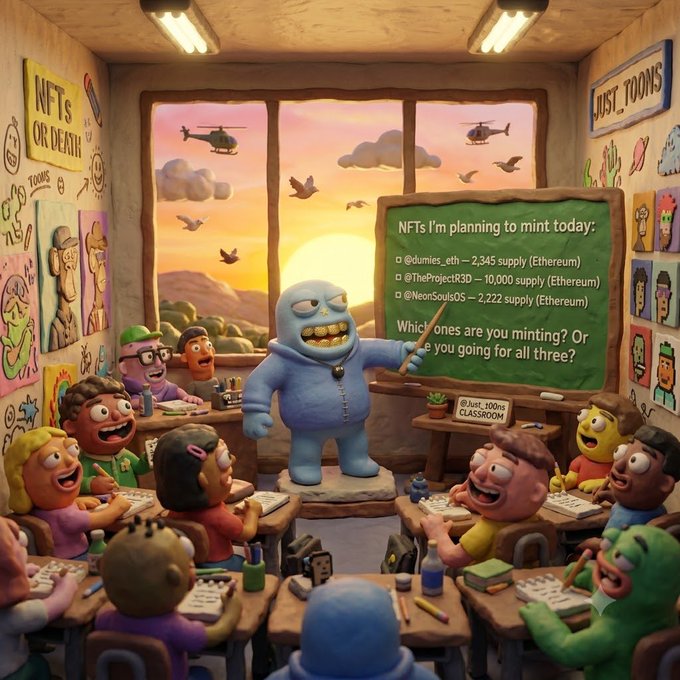 A cartoon classroom scene where a blue Yeti-like teacher stands before a chalkboard listing NFT minting plans including @gumies_eth (2,345 supply), @TheProjeCtR3D (10,000 supply), and @NeonSoulsOS (2,222 supply), with walls labeled 'NFTS OR DEATH' and 'JUST_TOONS'.