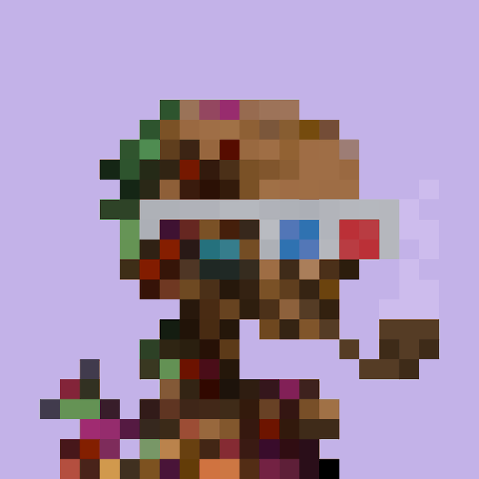 A close-up pixel art illustration of a character with brown and green hair wearing a futuristic visor with red, blue, and green lenses, set against a solid lavender background.
