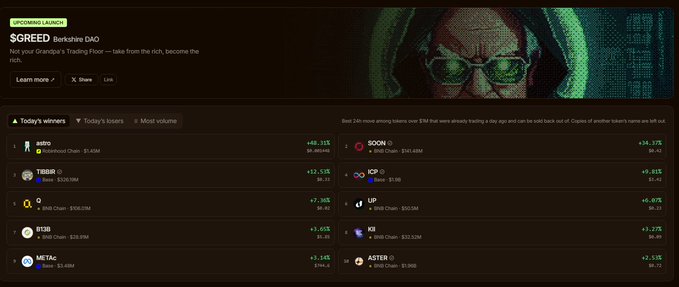 A cryptocurrency website screenshot showing an 'UPCOMING LAUNCH' banner for 'Screened Berkshire DAO' with the tagline 'With your clannigan's 'trolling floor' — take from the rich, become the rich,' alongside leaderboards listing top traders with tokens like sato, SOON, ICP, and UP.