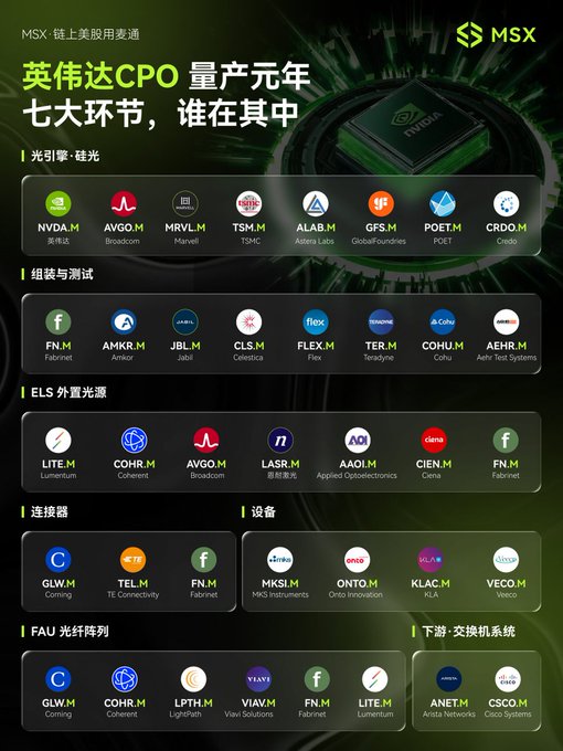An MSX infographic titled "英伟达CPO 量产元年 七大环节，谁在其中" (Nvidia CPO mass production year - Seven key links, who is in it) showing stock tickers organized by supply chain category, including NVDA, AVGO, MRVL, TSM, ALAB, GFS, POET, CRDO, FN, AMKR, JBL, CLS, FLEX, TER, COHU, AEHR, LITE, COHR, LASR, AAOI, CIEN, GLW, TEL, MKS, ONTO, KLAC, VECO, LPTH, VIAV, ANET, and CSCO.