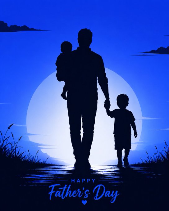The image features a man holding two children while walking across a field at night under a full moon. The scene captures the essence of family bonding and togetherness. The caption "Happy Father's Day to all the amazing dads around the world" emphasizes the importance of celebrating fatherhood, which is evident in this image.
