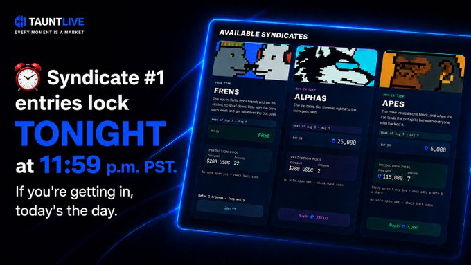 A promotional graphic for TAUNTLIVE announcing 'Syndicate #1 entries lock TONIGHT at 11:59 p.m. PST' with available syndicates Frens, Alphas, and Apes.
