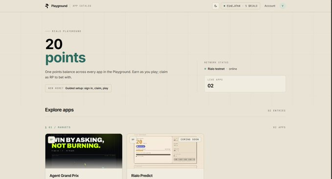 A screenshot of a Playground dashboard showing "20 points" earned, with network status indicating "Rialo testnet - online," 02 live apps, and explore apps featuring "Agent Grand Prix" and "Rialo Predict," aligning with the post about earning 20 points on RialoHQ and claiming from the faucet.