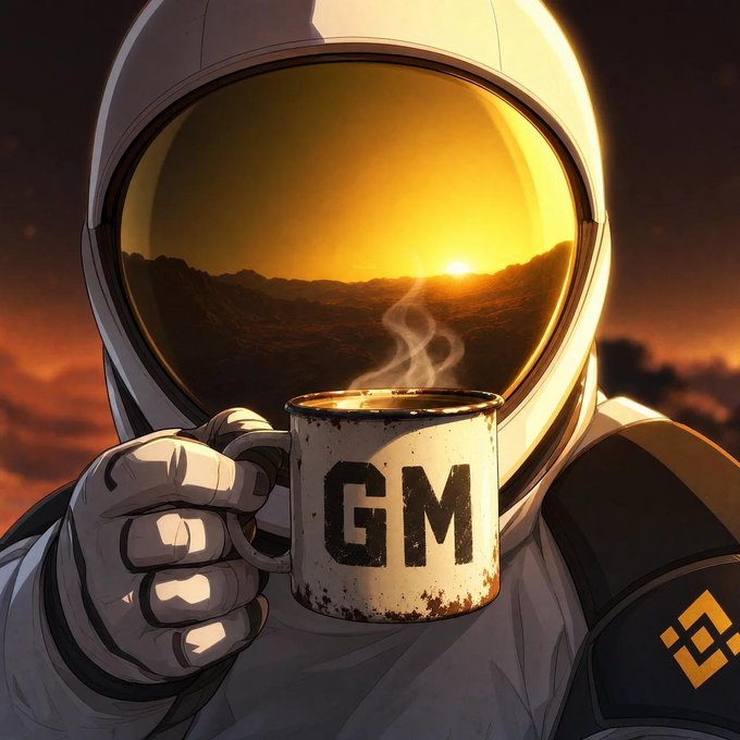 A digital illustration of an astronaut holding a steaming, weathered mug labeled "GM", set against a Martian landscape with a glowing sunset reflecting in the helmet's visor, with a Binance logo in the corner.