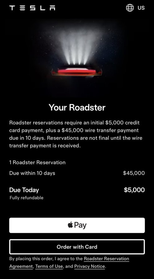 A screenshot of a Tesla webpage displaying a "Your Roadster" reservation page, showing a total of $45,000 due in 10 days and $5,000 due today, with options to pay via Apple Pay or Card.