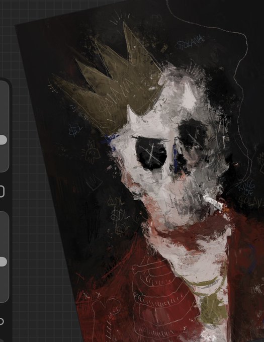 A sketch-in-progress of a dark, graffiti-covered portrait of a pale figure wearing a jagged gold crown and a red robe, with "KING OF SOLAN" and "DADA" faintly visible among the scribbled text, tied to the collaborative work-in-progress "#AbstraKing" being created with Ms Jules for a drop on @mallowdotart.