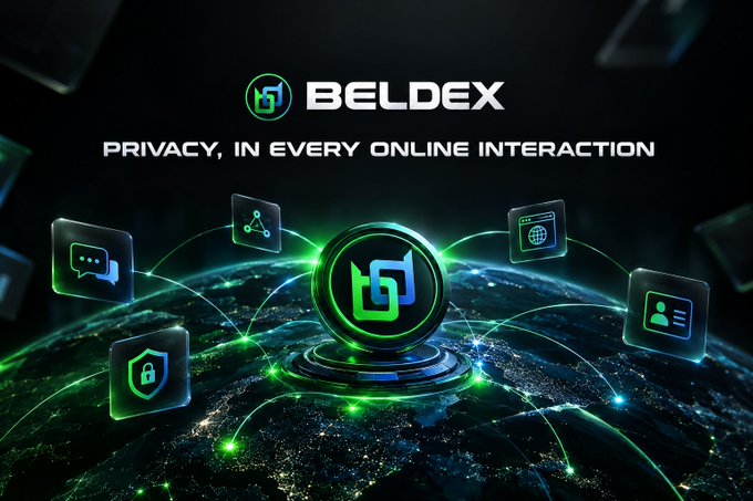 A promotional graphic for 'BELDEX' cryptocurrency featuring the tagline 'PRIVACY, IN EVERY ONLINE INTERACTION,' displaying a central logo surrounded by icons for chat, security, sharing, web access, and contacts over a glowing Earth.