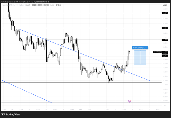 A TradingView candlestick chart for HYPE/USDT on Hyperliquid, showing price action with a descending trendline, horizontal support/resistance levels near $53.712 and $54.526, and a marked potential trade setup with a 1.054 ratio target.