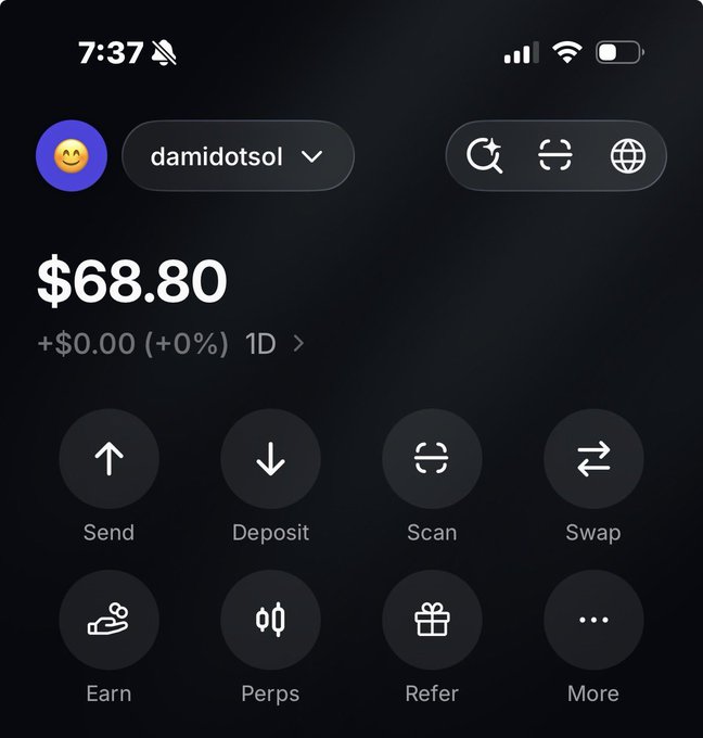 A cryptocurrency wallet app screenshot showing a balance of $68.80 for account 'damidotsol' with options for Send, Deposit, Scan, Swap, Earn, Perps, Refer, and More.