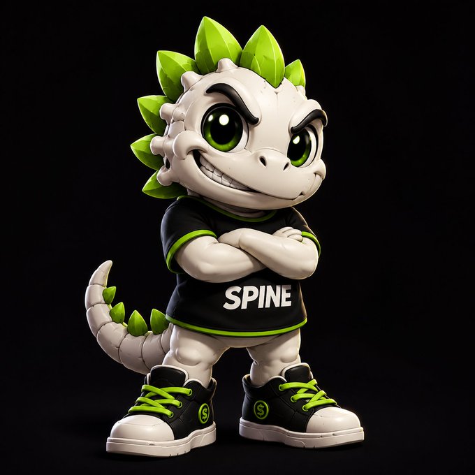 The image features a cartoon character with spiky hair wearing a black shirt and green shoes. The character has crossed arms, giving off an aggressive or defensive vibe. The caption of the image reads "Hello TON. My name is Spine. I'M HERE TO COLLECT MEMES, BUILD FRIENDSHIPS, EXPLORE GALAXIES, AND CREATE THE GREATEST COMMUNITY ON TON. IF YOU'RE READING THIS, YOU'RE EARLY. Welcome to Spinergy." The image seems to be related to the post about meme collection and community building on a social media platform like Twitter or Instagram.