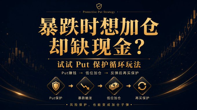 The image is a promotional graphic for a "Protective Put Strategy" featuring bold Chinese text asking "暴跌时想加仓却缺现金？" (Want to add positions during a crash but short on cash?) and "试试 Put 保护循环玩法" (Try the Put protection loop strategy), with a four-step process diagram showing: Put保护 (Put Protection) → 暴跌触发 (Crash Trigger) → 低位加仓 (Add at Lows) → 再买保护 (Re-protect), overlaid on a dark blue background with stock chart graphics.
