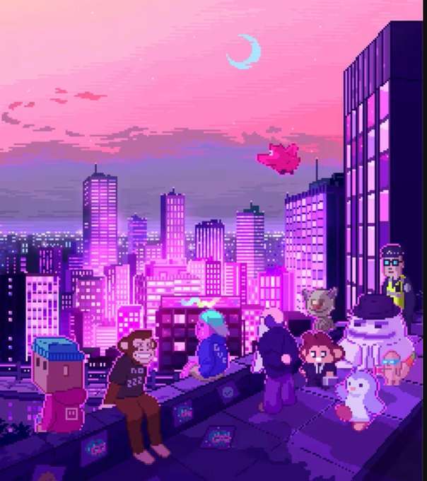 A pixel art illustration depicting various cartoon characters, including monkeys and penguins, gathered on a rooftop overlooking a city skyline bathed in pink and purple sunset hues.