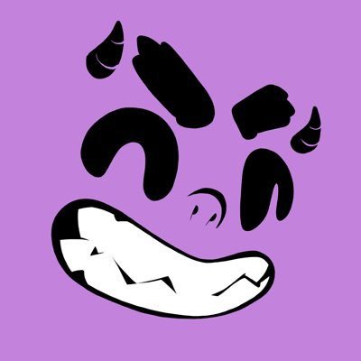 A cartoon-style graphic of a menacing face with black eyes and a wide, toothy grin set against a purple background.
