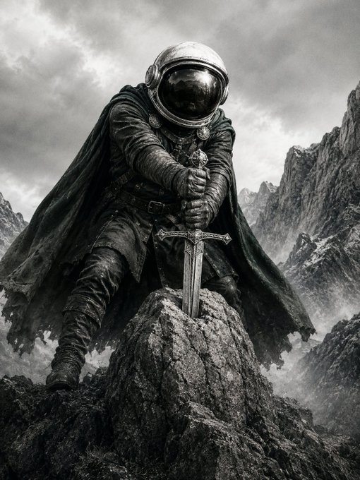 A dramatic black-and-white digital artwork depicting an astronaut in a tattered cloak kneeling on a rocky peak and driving a large sword into the stone beneath a cloudy sky.