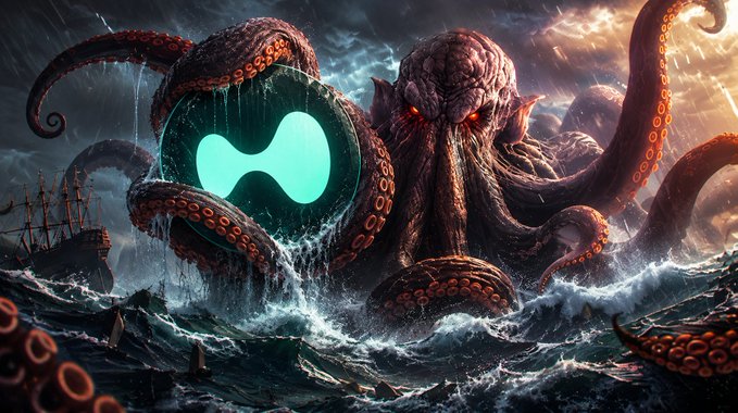 A colossal kraken-like octopus emerges from a stormy sea with glowing red eyes, its tentacles wrapped around a glowing Hyperliquid (HYPE) logo, while a sinking ship is visible in the background. The image symbolizes Kraken's rebirth as it leverages Hyperliquid's new HIP-3 update to deploy compliant, KYC-restricted perpetual markets on the decentralized exchange.