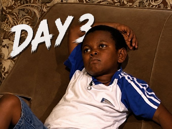 A bored-looking boy lies on a brown couch with his arm behind his head, beneath the text "DAY 3" in large white brushstroke letters—visually capturing the post's humor about persistently waiting on a giveaway from $ANSEM.