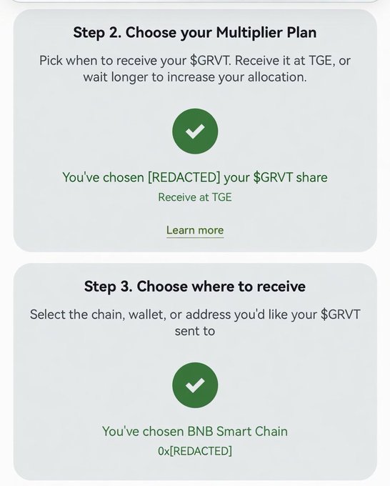 The image shows steps 2 and 3 of the GRVT airdrop registration process, confirming that the user has selected to receive their $GRVT at TGE and chosen BNB Smart Chain (BSC) as the destination for their distribution.