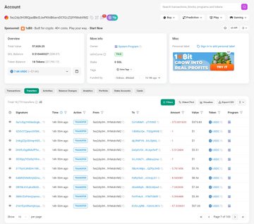 A Solscan account page displays the token holdings for the wallet address "5ez2dX8oBqDkBVuNyRikrHUCMDKGW8WbM…", showing a balance of 17,830.80 USDC alongside an active "Moon Program" airdrop and a list of token transactions. The screenshot supports the accompanying post's tip by providing a direct link to verify the faucet's distribution activity on the blockchain.