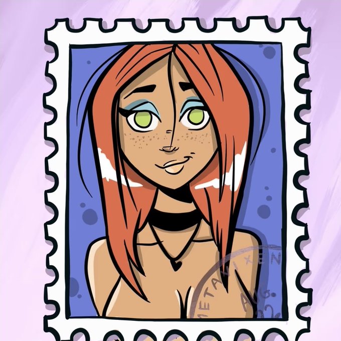 A stamp-style cartoon portrait of a woman with long red hair, green eyes, freckles, and blue eyeshadow, wearing a necklace with a heart pendant, with 'METALIXIR ART' text visible on a purple background.